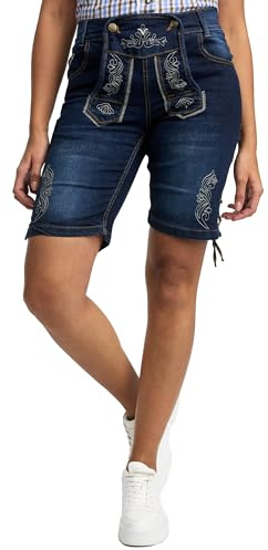 Bavarigo Kurze Jeans Damen Trachtenjeans im Lederhosen Look - Kurze Hose Damen - Shorts für Oktoberfest und andere Festlichkeiten - Bequeme Passform Dank Stretch Einsatz - Blau - M