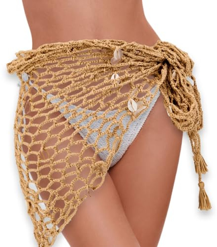 CABODYALS Traje de Baño de Malla Triangular de Color Caqui con Conchas de Plástico Y Cordón Ajustable para Playa Pareo Vestido Falda Chal de Ganchillo Chales de Red Ahuecados para Mujer Fiesta de Baño
