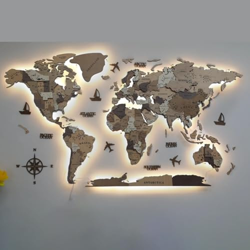 TUPAFJU Parete con mappa del mondo 3D a LED in legno e acrilico,decorazione da parete 3D, decorazione da parete con illuminazione a LED(D,Small)