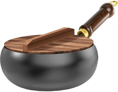 Dsongo 2025 Neu Eisenpfanne Japanische Geschmiedet Pfanne mit Holzdeckel Ohne Beschichtung Handgeschmiedete Antihaftbeschichtete Pfannen Langlebig und Rostfrei Bratpfanne (28cm)