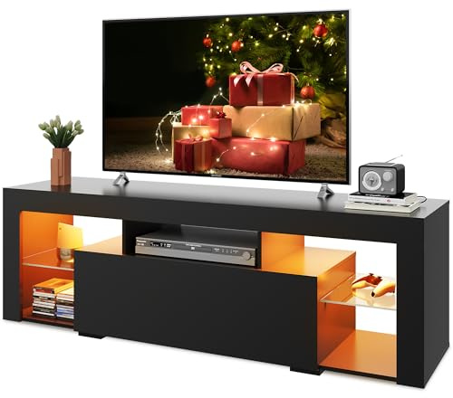 WLIVE TV Schrank mit LED, Lowboard Schwarz für Fernseher bis zu 60 Zoll, Fernsehtisch für Wohnzimmer,20 Farben LED-Beleuchtung, tv Cabinet mit Offenen Stauraum und Schubladen, Schwarz | 20-farbige LED-Beleuchtung, große Schublade, offene Aufbewahrung, modernes Design, ideal für Wohnzimmer und Schlafzimmer