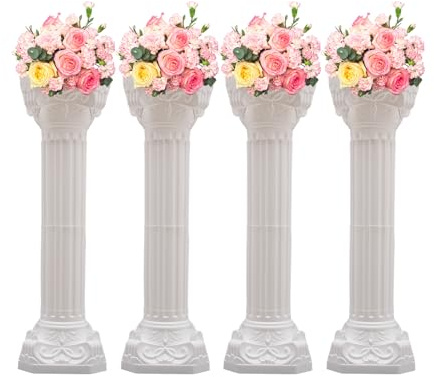 INPAITOO 4Pcs Roman Columns and Pillars, 34.65in Tall Roman Pillar, Artistic Flower Pot Holder, Floor Standing Pillars White Column Flower Stand for Wedding And Party