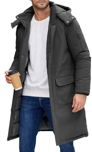 NRZD Men's Winter Long Puffer Jackets, Water-Repellent Down Parka Warm Coats Outerwear with Detachable Hood & Carry Straps(Dark Grey,L)