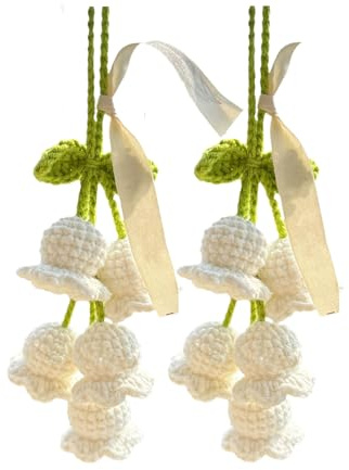 2Pcs Car Decorations Car Hanging Ornaments, Crochet Flowers Bag Charms Decor Cars Rear View Mirror Accessories Hand Knitted Crochet Flower Decor, for Room Backpack Keychain Decoration Pendant (White)