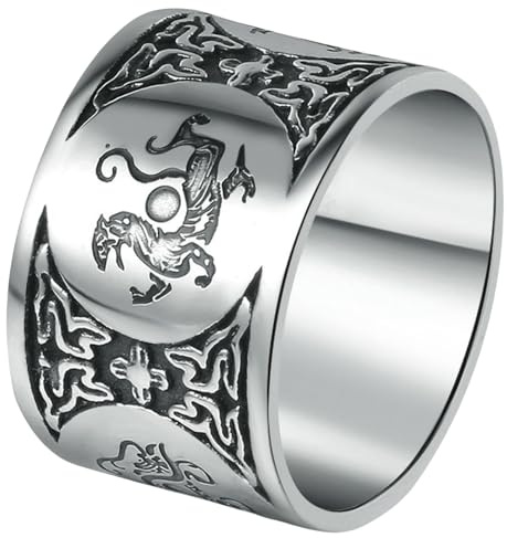 Jpltlvy Anello portafortuna da uomo in acciaio inox, design unico, quattro divine bestie, fascia larga, 9, Acciaio inossidabile
