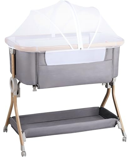Larex Beistellbett Baby,3 in 1 Babybett mit Moskitonetz,Aufbewahrungstasche & Korb,5-stufig Höhenverstellbares Babybett,4 Räder mit Bremse,atmungsfreundliche Matratze & Mesh (Dunkelgrau)