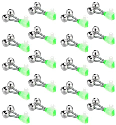 DASBET 20PCS Fish Bite Alarms Fishing Rod Bells for Night Fishing Double Bell Bite Alarms with Clips Reusable Fishing Bite Indicator Clip-On Fishing Rod Alarms for Pole Tips 1.89 Inch Green Fish Bite