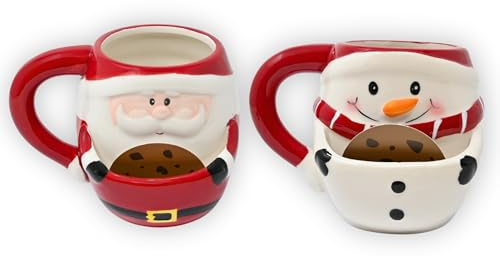 damaloo 2er Set Weihnachtstassen mit Keksfach - 3D Weihnachtstasse 380ml & Henkel Keramik – Nikolaus Becher Kinder & Erwachsene – Teetasse Kakao, Glühwein-Becher Kinderpunsch, Kaffeetasse