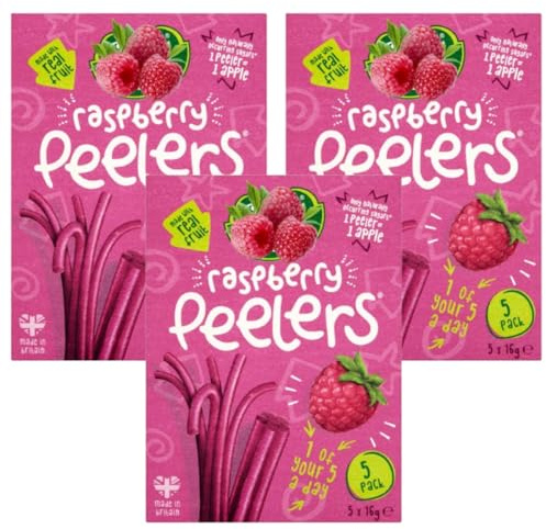 Raspberry Peelers 5X16g, Fruit snack made from concentrated apple and raspberry purees and fruit juices, No added sugar, Gluten free, Vegetarian, Pack Of 3