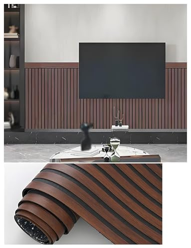 Soundproof Wooden Wallpaper,3D Slat Panel Peel and Stick Wallpaper,Waterproof PVC Wall Panel for Interior Wall Decor Ceiling TV Background(Walnut)