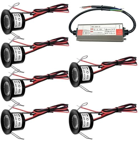 PORFOYO 6 Stück LED Einbaustrahler Dc12v 2w, Led Spot Warmweiß, Mini Led Spot, Mini-Einbaustrahler Für Badezimmer Küche Carport Treppe, Mit 12v12w Trafo (Schwarz Warmweiß 3000k)