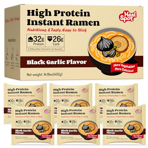 HealSpot High Protein Instant Ramen, 6 Pack Non Fried Ramen Broth, 32g Plant Based Protein, Low Fat, Low Carb, Non GMO, Keto Friendly Plant Based (Black Garlic Classic-Pork Flavor)