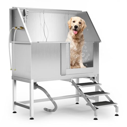 PeacefulHues 50 Inch Dog Washing Station, Stainless Steel Dog Bathtub with Left Ramps, Pet Dog Bathing Station with Floor Grate, Professional Dog Grooming Tub for Large, Medium, Small Pets