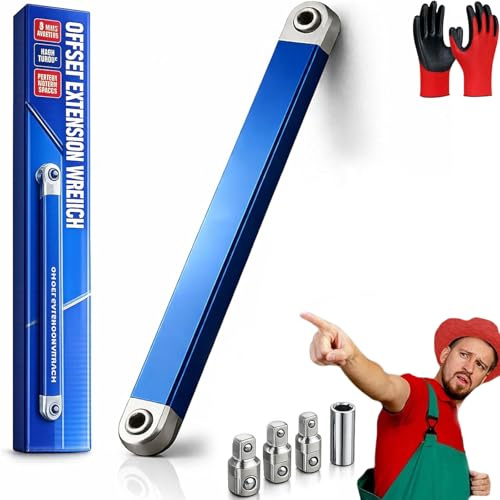 Pnedeodm Offset Extension Wrench Set 39cm, Ratschenverlängerung mit 0° Schwenkbereich, Universal Schraubenschlüssel Verlängerung mit 1/4 3/8 1/2 Adapter für Engstellen KFZ (1Pc)