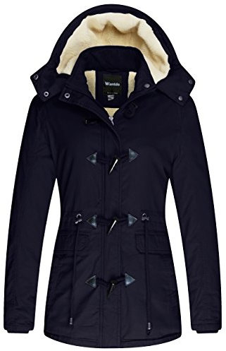 Wantdo Dam vindtät varm kappa vinter mjuk fleecekappa klassisk bomull huva jacka slim fit jacka, blå, M