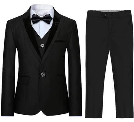 Sliktaa Boys 3 Pieces Suits Shawl Lapel Slim Fit Tux Jacket Vest Pants 6 Colors Prom Party Wedding Suit, Black, 12/150