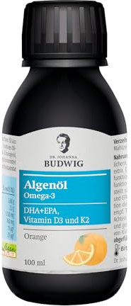 Dr. Budwig Premium Omega 3 Algenöl Vegan Orange (100ml) - hochdosiert - 2300mg natürliches DHA, DPA & EPA - Vitamin D3 und K2 - flüssig - laborgeprüft - Alternative Fischöl