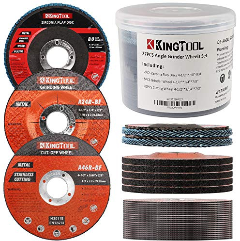 KingTool 27pcs Angle Grinder Wheel Set, Grinder Disc Set Includes 20pcs Cutting Wheel, 5pcs Grinding Wheel, 2pcs Flap Discs with 4-1/2 Diameter and 7/8 Arbor for Steel and Stainless Cutting Grinding