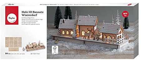 Rayher Holz 3D-Baus. Winterdorf, FSC Mix Credit, natur, 40x14,5x17cm, 84teilig, Weihnachtsdekoration, 63158505