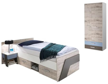 Lomadox Jugendzimmer Kinderzimmer Set, Sandeiche weiß Lava blau, 90 x 200 cm Jugendbett, 60 cm Kleiderschrank, Nachttisch mit Ablage