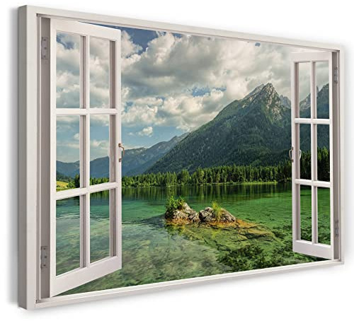 Printistico Bilder Fensterblick 100x70cm Baumwoll-Leinwand auf Keilrahmen mit Aufhänger moderner Kunstdruck XXL Wandbilder Wand-Dekoration Berg See Natur Wasser Sonne Landschaft - Natur-Fotografie