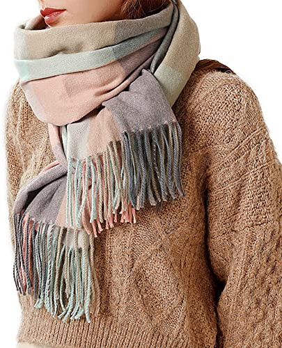 Bakicey Damhalsduk XXL varm mjuk stickad halsduk rutig vinterhalsduk hösthalsduk ullhalsduk kvinnor filt halsduk halsduk poncho cape, blå rosa, 3XL