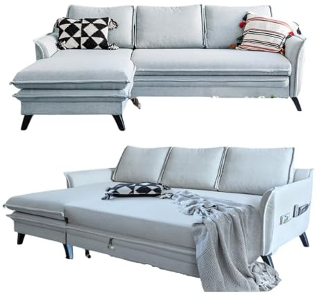 MIUFORM Charming Charlie, 4er Ecksofa mit Schlaffunktion, Links, Hellgrau | Schlafsofa mit Bettkasten und Bettfunktion, 4 Sitzer Sofa L Form, 228x150x90cm, Couch mit Schlaffunktion, Sofa Bed Klappbar