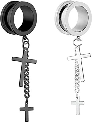 Gualiy 2 STK Titan Flesh Tunnel, Ohrringe Herren Tunnel 16mm mit Kette und Kreuz Anhänger Silber Schwarz Ohr Plug Tunnel