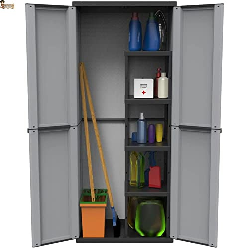 BricoLoco.com Armadio portascope esterno o interno mobile in resina per giardino, terrazzo, dispensa, cucina, due ante e quattro ripiani