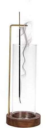 IMEEA Incense Holder Walnut Base Incense Burner for Sticks Brass Incense Stick Holder with Glass Ash Catcher for Yoga Spa Meditation Home Decor