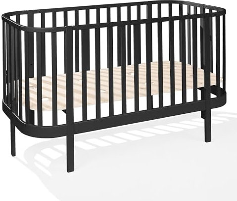 ATB MEBLE Gitterbett mit Matratze 140x70 cm - 2in1 Babybett Kinderbett - Grand Beistellbett Baby aus Holz - Bett Baby Mitwachsend - Kinderbett umbaubar - Jugendbett - Schwarz
