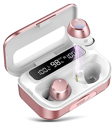 Wekily In Ear Bluetooth Kopfhörer, V5.3 Kabellos Kopfhörer mit 2600mAh Ladekoffer, 108 Std Spielzeit, LED Anzeige, Kraftvoller Bass, Klar Sprech Ohrhörer ENC Lärmreduzierung für Arbeit/Sport(Rosé)