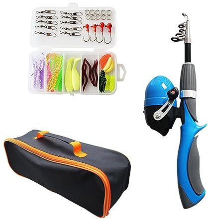 Teleskop Angelruten und Rollen Kombinationen Komplettes Set, Tragbares Reise Angelruten Set mit Tragetasche für Meeres, Salzwasser und Süßwasserangeln, Blau