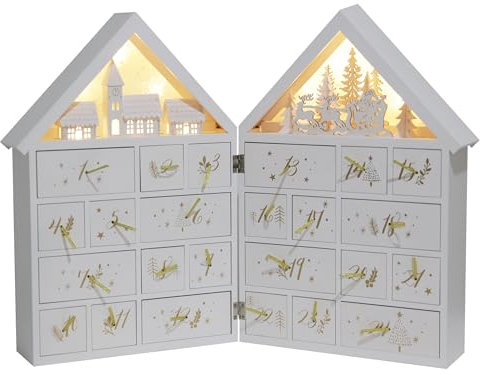 PE Noël Calendrier de l'Avent en Bois Grand à remplir avec 24 tiroirs Éclairage LED - Calendrier de Noël avec scène de forêt d'hiver et Père Noël - Fait Main Décoration de Noël