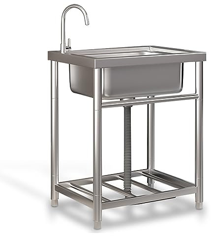 Freistehende Gewerbliche Spülbecken Edelstahl Ausgussbecken Einzelbecken-Waschbecken mit Ständer Mobile Tragbares Waschbecken Outdoor Campimg Spüle,Für Garage Garten Bar (53x40x75cm)