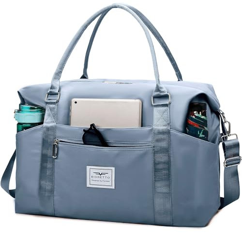 FIORETTO Damen Reisetasche Sporttasche Handgepäck Weekender Bag Schwimmtasche Wasserdicht Travel Bag Duffle Bag Fitnesstasche Trainingstasche für Damen Blau Medium