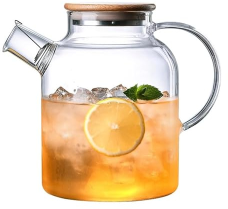 SHUWEICAO- Glass Teapot, Stovetop and Microwave Safe Glass Borosilicate Teapot, 60.8 oz Clear Glass Pitcherwith Natural Bamboo Lid and Removable Filter for Making Flower Tea and Juice