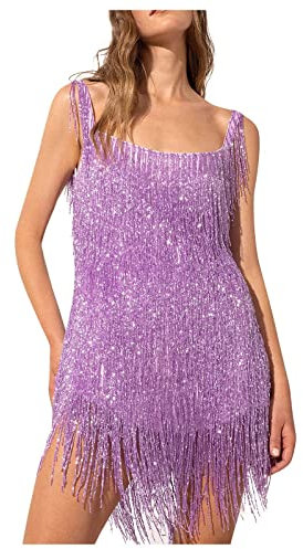 BOTCAM Abito da festa da donna con brillantini, lunghezza al ginocchio, abito da ballo latino, colorato, con paillettes, anni '20, con frange, con glitter, Lilla 3, XL