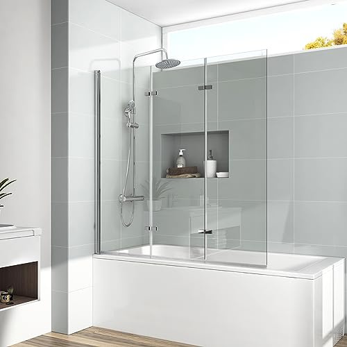 EMKE Duschtrennwand Badewanne, 130x140cm, 3-teilig 6mm Sicherheitsglas | Badewannenaufsatz, Spritzschutz, Duschwand Für Badewanne, Glaswand Badewanne, Leicht Zu Reinigen, Extra Breit, 3-Teilig