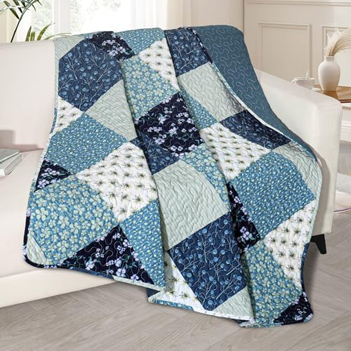 Exclusivo Mezcla 50x 60 Quilted Throw Blanket- Microfiber Quilt Throw with Boho Patchwork Pattern, Reversible Blue Versatile Lap Quilt for All Seasons, Lightweight Throws for Bed/Couch/Sofa