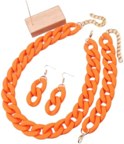Tesselite 4 Stück/Set Acryl-Gliederkette, Choker-Halskette für Damen, Bohemain, matt, bunt, Statement-Ohrringe, Armbänder, Halsketten, Schmucksets, Orange, Rot, Einheitsgröße