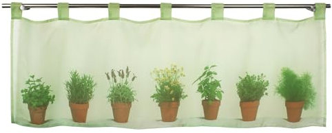 Delindo Lifestyle Scheibengardine Kräutertöpfe, Gardine mit bedrucktem Motiv für Frühling und Sommer, Moderne tranparente Bistrogardine für die Küche mit Schlaufen, grün, 45x120 cm