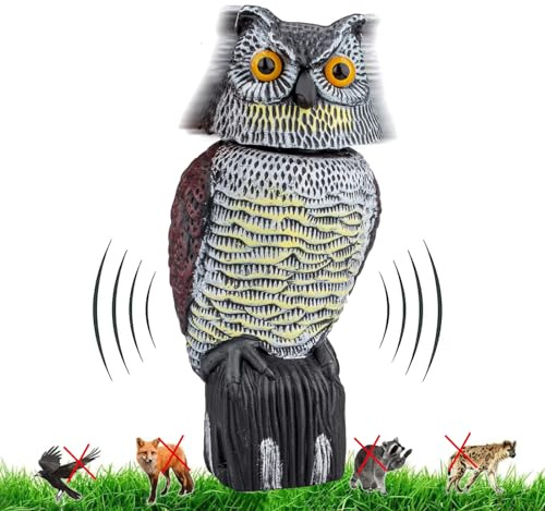 Eule Vogelscheuche, Eule zur Taubenabwehr Taubenschreck Vogelschreck Vogelabwehr Eulen Figur Deko mit Ton und Wackelkopf, Eulen Lockpfeife für Outdoor Balkon Garten