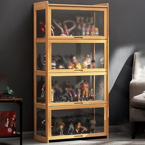 Vitrinen für Sammlerstücke, Vitrinen aus natürlichem Bambus für Sammlerstücke, Vitrine aus Acrylglas, Vitrine mit Klapptür, für Schlafzimmer/Wohnzimmer und Arbeitszimmer (Größe: 140 x 70 x 34 cm)