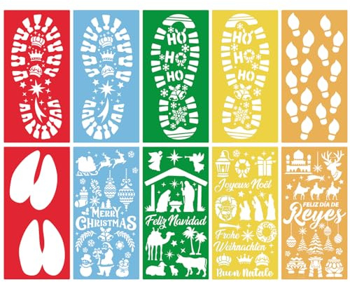 DPKOW Fußabdruck Weihnachten Schablonen zum Malen Basteln Wiederverwendbar, Kamel Elfe Weihnachtsmann Fußabdruck Schablone Krippe für Weihnachten Zeichnen Scrapbooking auf Holz/Leinwand/Wand/Gesicht