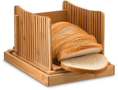 HUIOP Affettatrice per Pane in Bambù, 3 Spessori Regolabili, Pieghevole, Facile da Pulire, Tagliere per Pane con Vassoio raccoglibriciole per Baguette