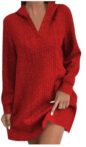 Vestido de Punto Mujer Invierno Rebajas, Sudadera con Capucha Casual Otoño Manga Larga Cuello V, Suéter Suelto Talla Grande Línea A Moda Color Sólido de Jersey