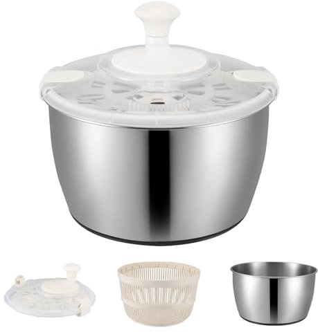 Nastopee Centrifuga per Insalata, Grande Ciotola in Acciaio Inossidabile da 4,8 l, Ciotola per Insalata con Coperchio, centrifuga per Insalata con manovella e Pulsante di Arresto, Base Antiscivolo