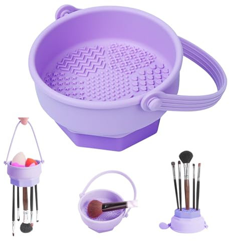 Make up Pinsel Reiniger, 3 in 1 Silikon Pinselreiniger Make Up zum Reinigen, Trocknen und Aufbewahren, Tragbare Pinsel Reinigungsmatte für Kosmetikpinsel und Make-up-Schwamm (Lila)