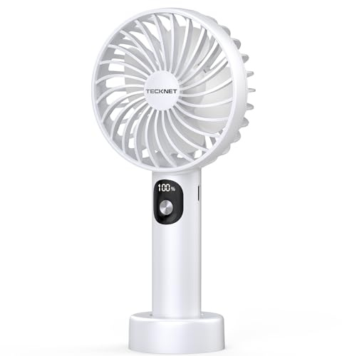TECKNET Portable Handheld Fan, Rechargeable USB Hand Held Fan | Mini hand fan with LED Display, 3 Speed Battery Operated Detachable Base Cooling Desk fans for Home Office Bedroom Outdoor